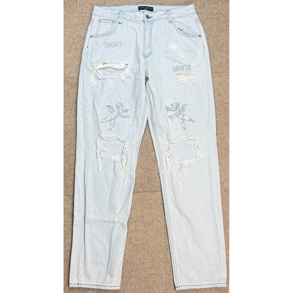 Saint Morta Baggy Distressed Men's Cupid Logo‎ 5 Pocket Jeans Size 32